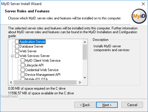 Installation select MyID roles and features screen